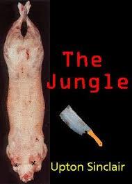 cover of Upton Sinclair's "The Jungle" with hog carcass & butcher knife