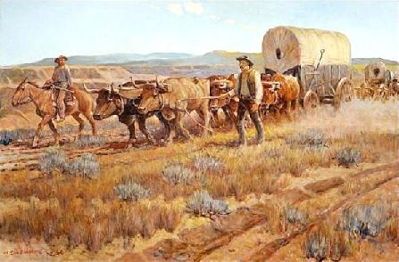 Nick Eggenhofer [1897-1985] painting 'Wagons West', 1966